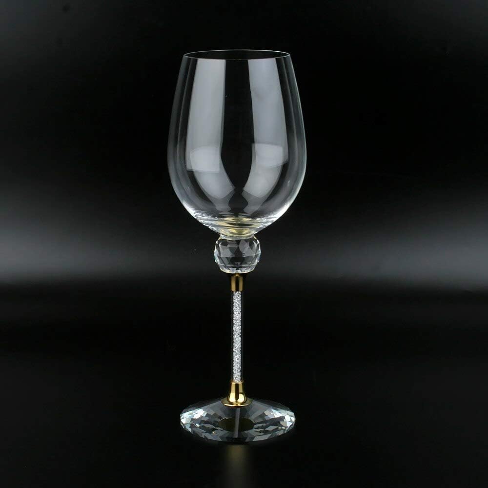 Diamond Studded Wine Glasses 16 Ounces - Set of 2 -Long Stem10-inches Tall, Gold and Laser Cut Sparkling Wine Wedding Glasses