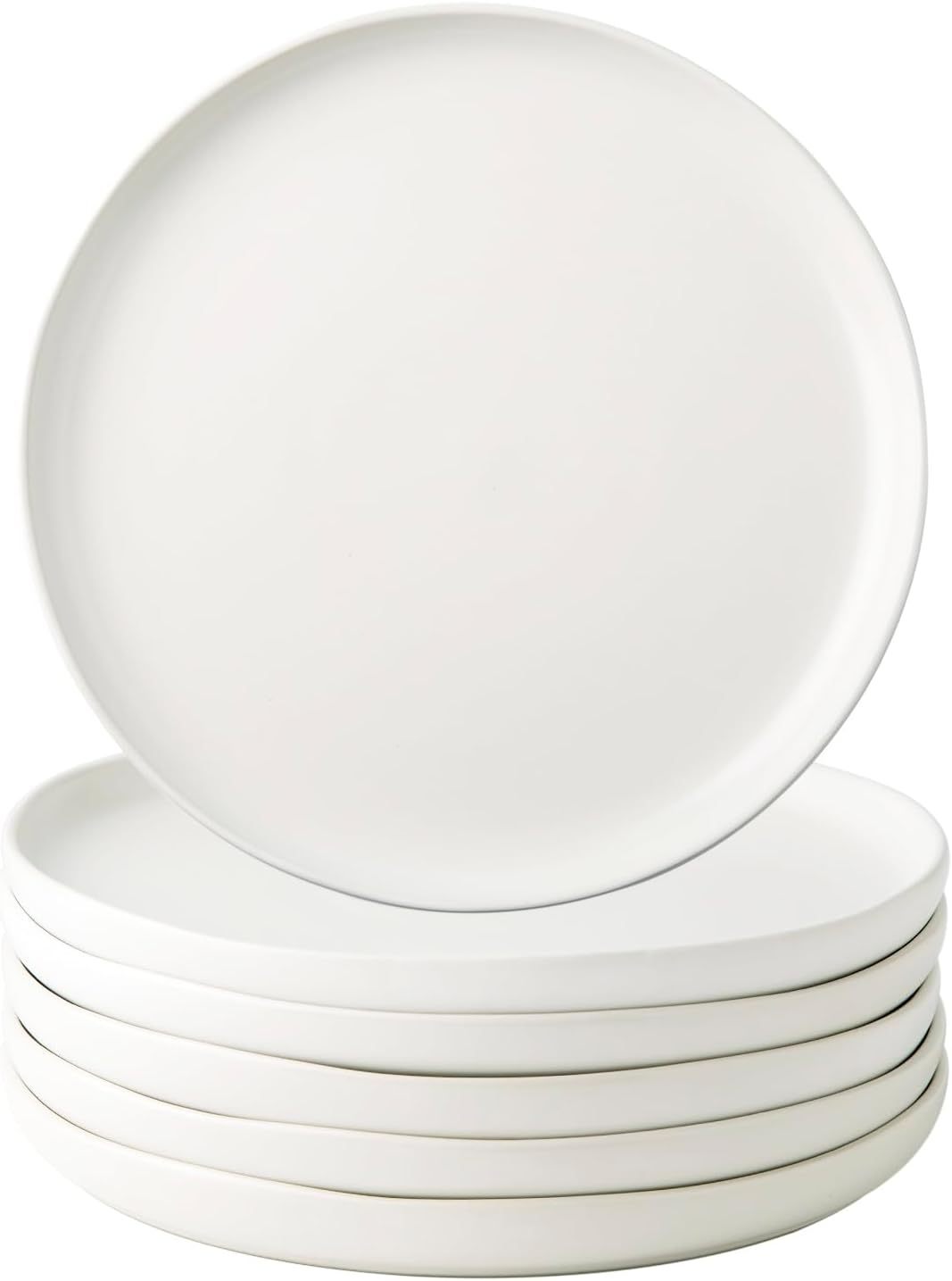 Ceramic Dinner Salad Plates Set of 6, Wavy Rim 8.5 Inch Dish Set, The Dessert,Salad, Appetizer, Small Dinner etc Plate,Microwave, Dishwasher Safe, Scratch Resistant - Matte White