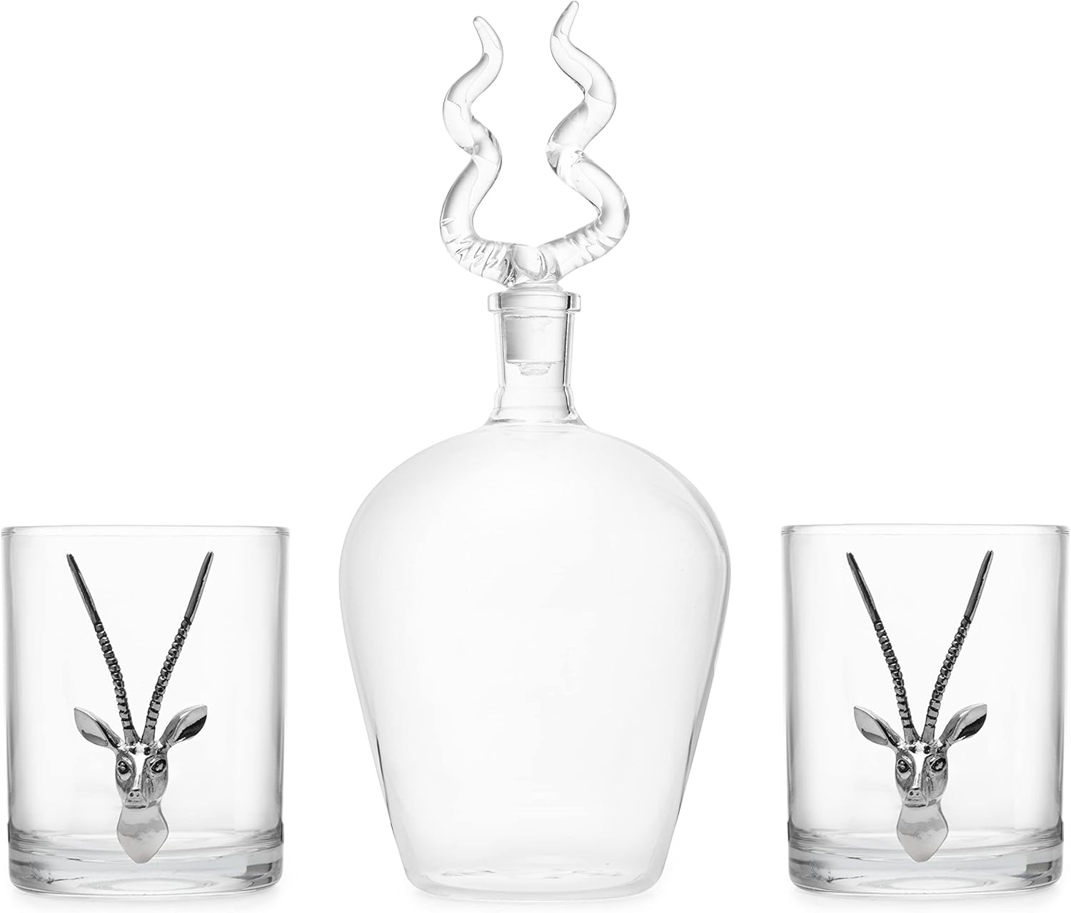 Stag Antler Whiskey & Wine Decanter Set 8.5" H with 2 Stag 12oz Glasses - Hunting Liquor Scotch Bourbon