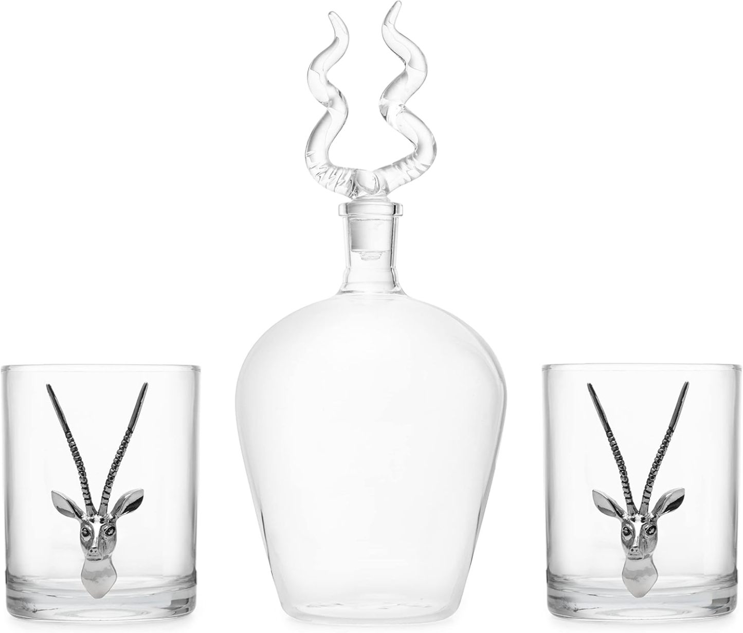 Stag Antler Whiskey & Wine Decanter Set 8.5" H with 2 Stag 12oz Glasses - Hunting Liquor Scotch Bourbon