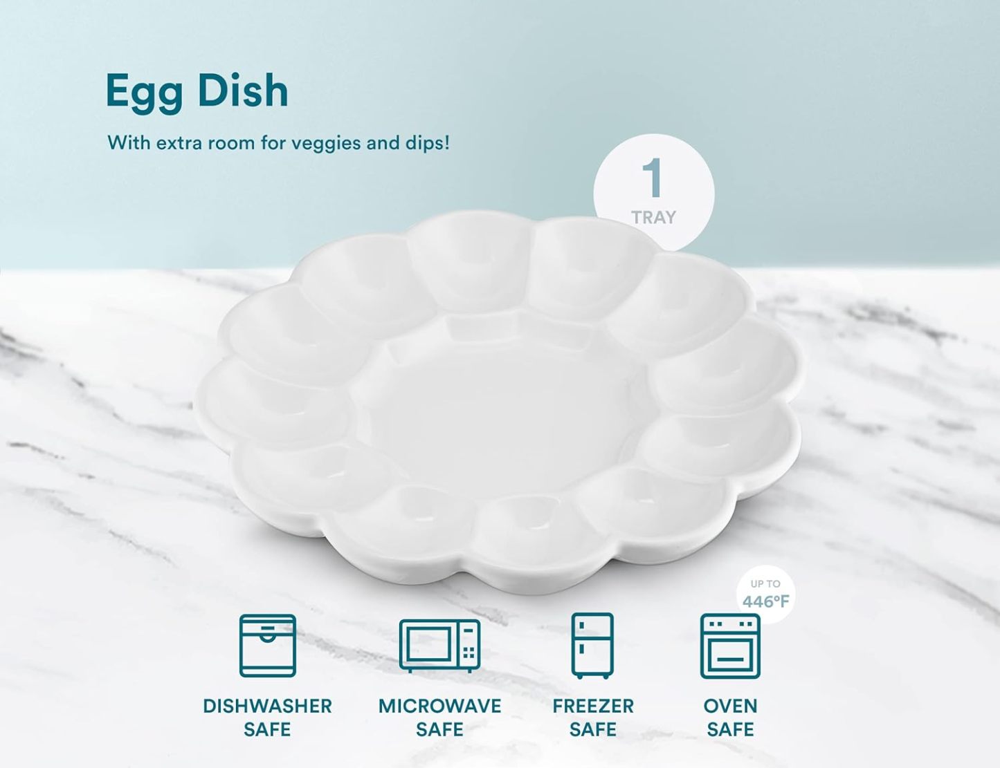 Deviled Egg Platter Tray, Ceramic Easter Egg Holder, Holds 12 Eggs, Ceramic Dish, Display Holder, Dishwasher Safe, Microwave Safe, freezer Safe, Sleek, 10 Inch Diameter, White