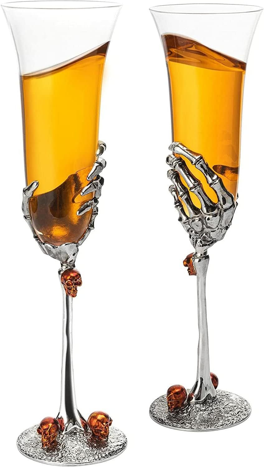 Stemmed Single Skeleton Champagne Glasses Single Glass 7oz Skeleton Glasses 9" H, Goth Gifts, Skeleton Gifts