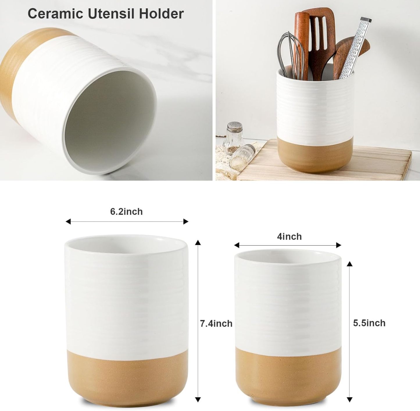 Ceramic Utensil Holder for Counter, 7.4"+5.5" Large Kitchen Utensil Organizer for Kitchen Utensil, White Cooking Utensil Crock to Hold Spatulas, Farmhouse Decor, Set of 2