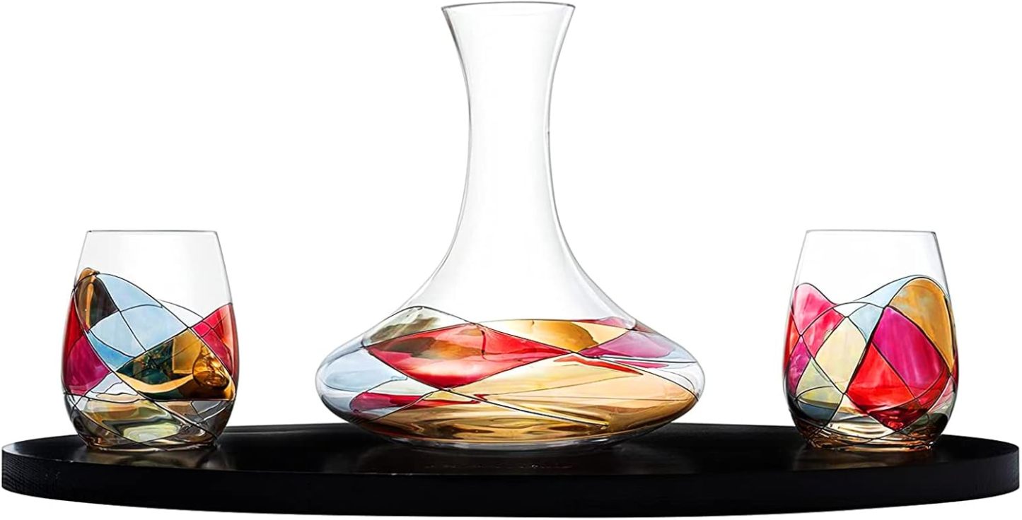 Artisanal Hand Painted Decanter & Stemless Wine Glasses Set - Renaissance Romantic Stain-glassed Windows, 2 Set