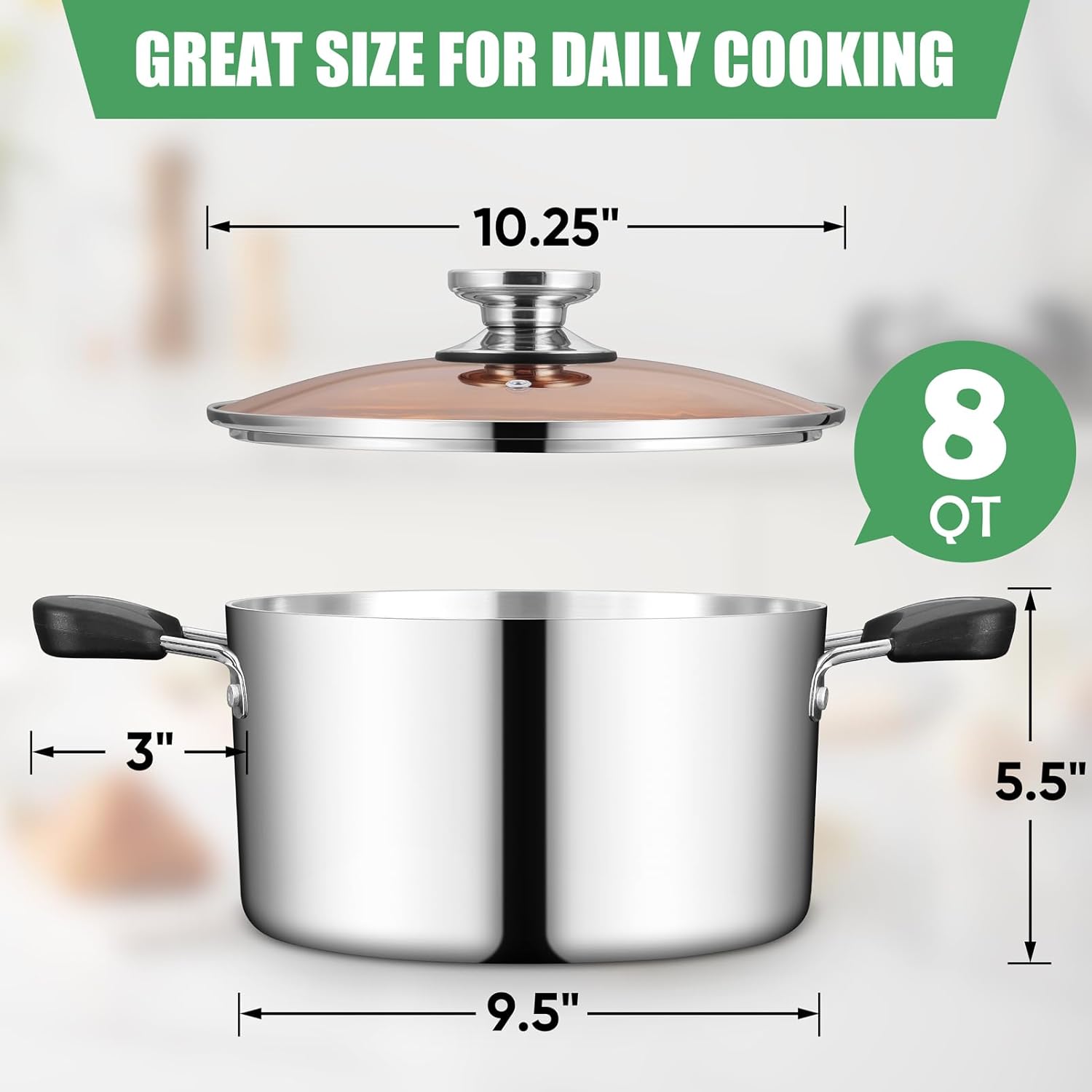 Stainless Steel Tri-ply Pasta Cooking Pot & Glass Lid with Heat-proof Handles, for Cooking Baking Boiling, Non-toxic & Heavy Duty, Various Stovetops & Dishwasher Safe