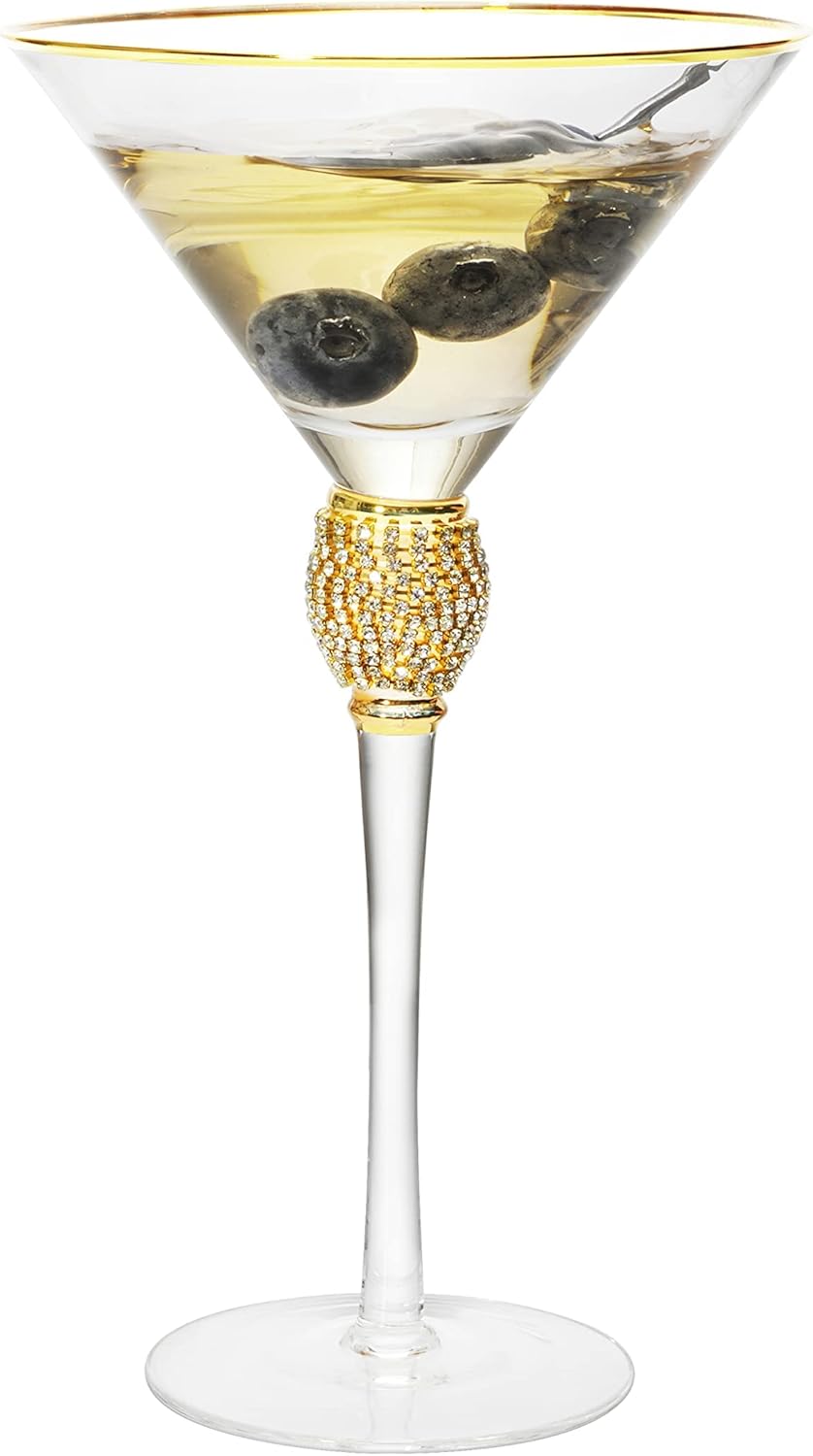 Diamond Collection 2 Piece Stemmed Martini Set - Rhinestone For Drinking Martinis , Manhattans, Vodka, Gin, Cocktails Gold Accent Cocktail Glasses