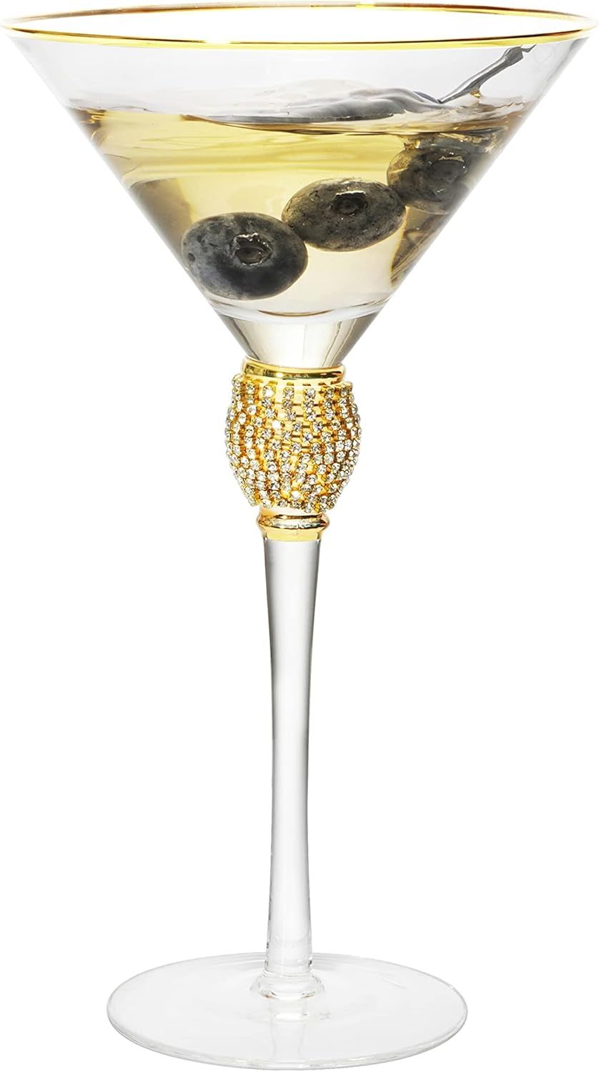 Diamond Collection 2 Piece Stemmed Martini Set - Rhinestone For Drinking Martinis , Manhattans, Vodka, Gin, Cocktails Gold Accent Cocktail Glasses