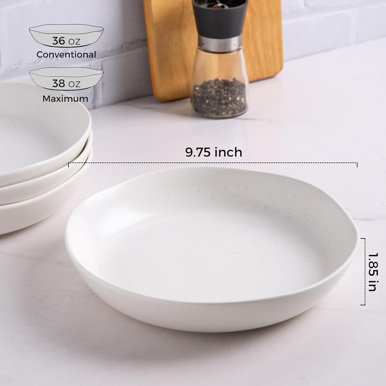 9.75'' Speckled Large Ceramic Pasta Bowls, 38oz Stoneware Bowls Set of 6, Oven, Microwave&Dishwasher Safe Bowls with Wavy Rim for Fruit Pasta Salad Meal, Matte Speckled White