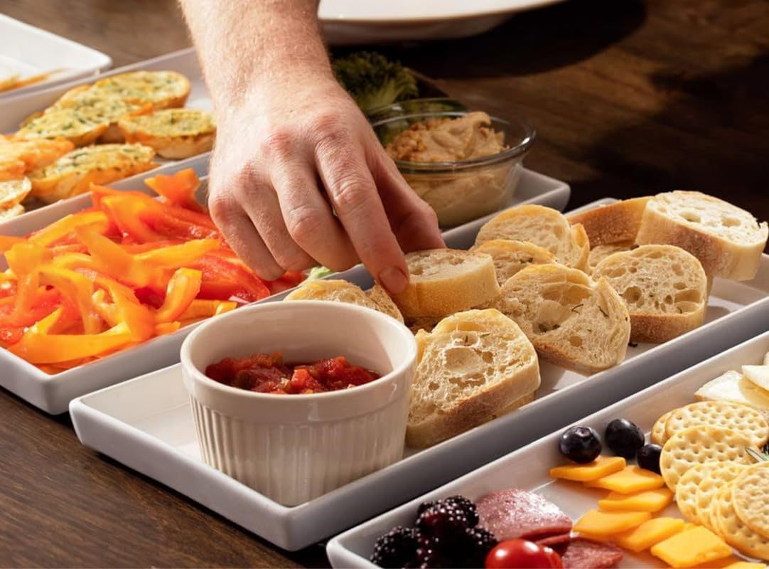Ceramic 11 Inch Rectangular Serving Trays, Porcelain Platters for Food at Parties and Entertaining, Microwave, Dishwasher Safe, White, Set of 4
