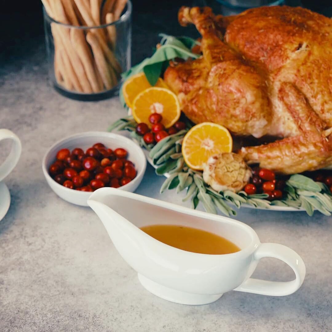 Ceramic Gravy Boat, Serving Dispenser, Porcelain Pitcher for Sauces, Dressings and Creamer, Large Handle, Microwave and Dishwasher Safe, 21 oz, White