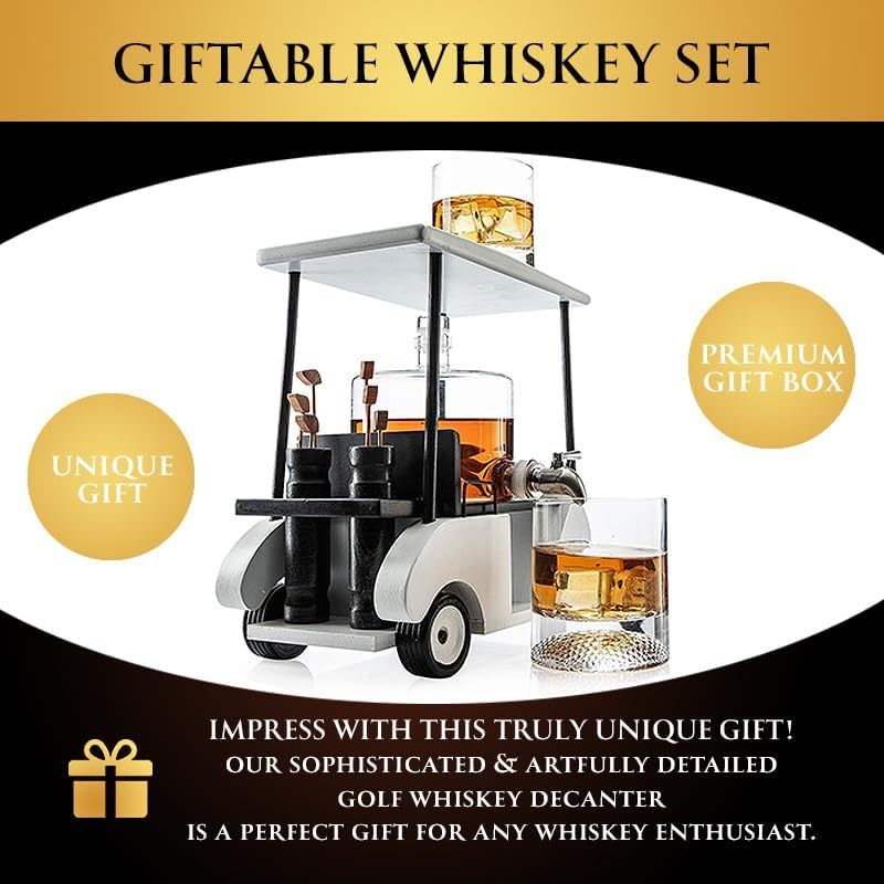 Golf Decanter Whiskey Decanter and 2 Whiskey Glasses (850ml Decanter - 8 Ounce Glasses)