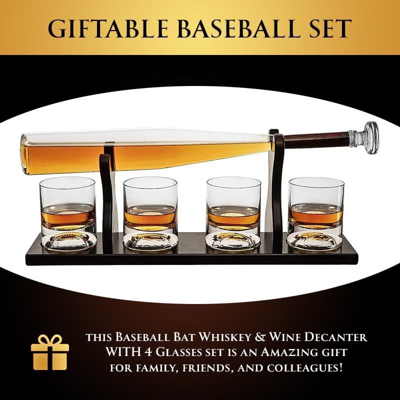 Baseball Bat Whiskey & Wine Decanter 4 Glasses, Spirits Set