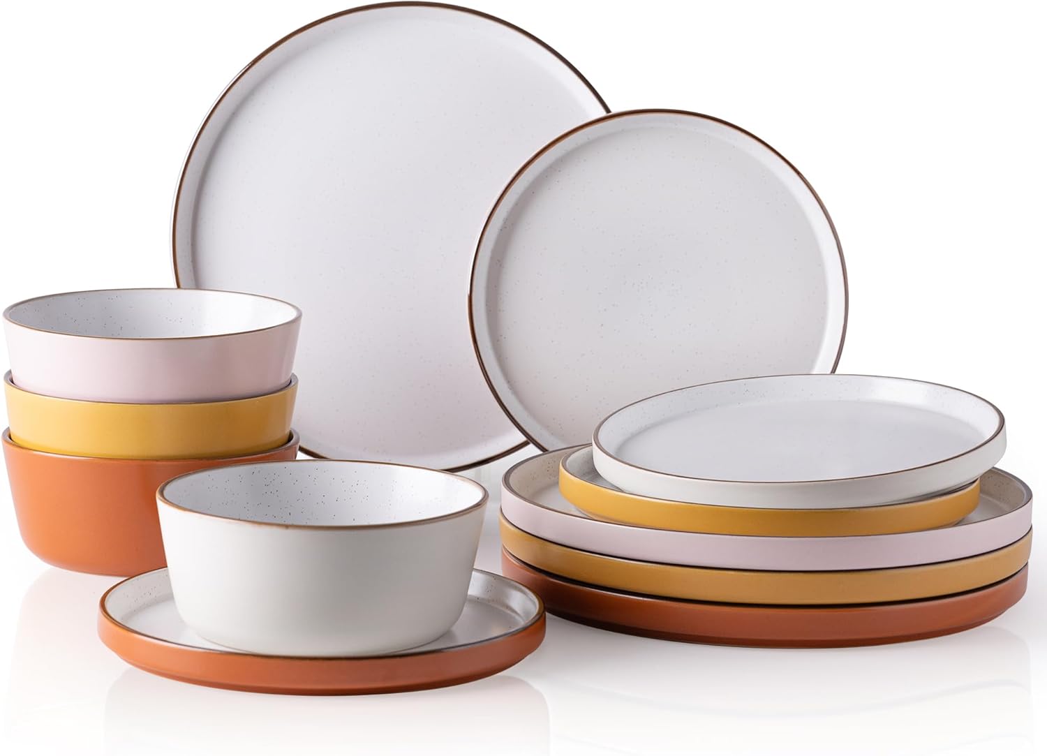 Dinnerware Set for 4, 12 Pieces Ceramic Plates and Bowls Set, Handcrafted Speckled Stoneware Plates Set, Dishwasher & Microwave Safe Dishes Set- (Multicolor, Service for 4)