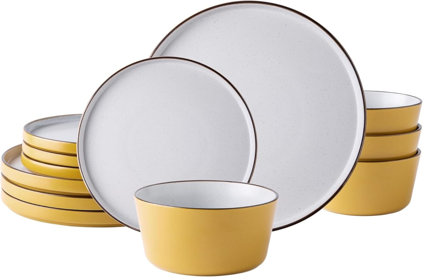 Dinnerware Set for 4, 12 Pieces Ceramic Plates and Bowls Set, Handcrafted Speckled Stoneware Plates Set, Dishwasher & Microwave Safe Dishes Set - (Yellow, Service for 4)