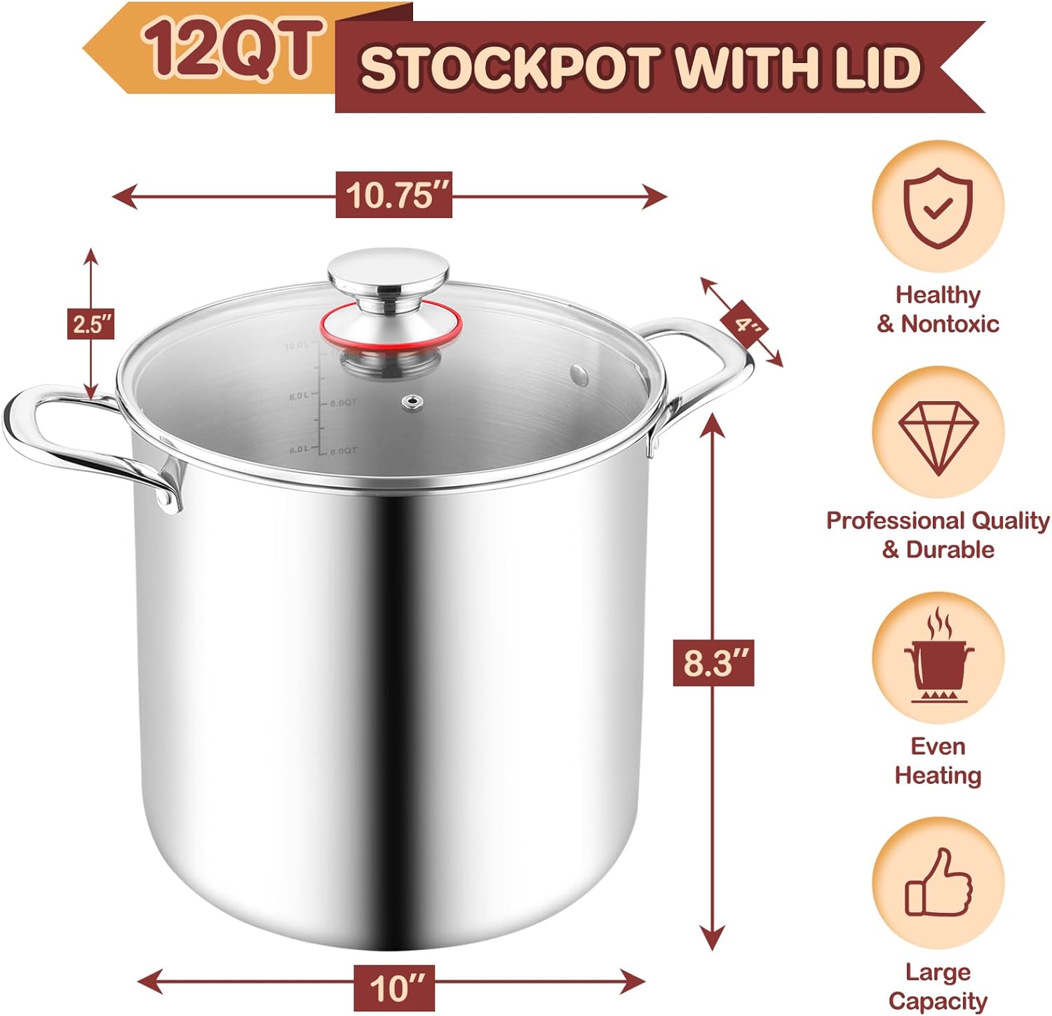 12 Quart Stock Pot, Stainless Steel Tri-ply Stockpot Large Pasta Soup Cooking Pot with Clear Lid, for Induction Gas Electric Ceramic, Healthy & Heavy Duty, Solid Handles & Dishwasher Safe