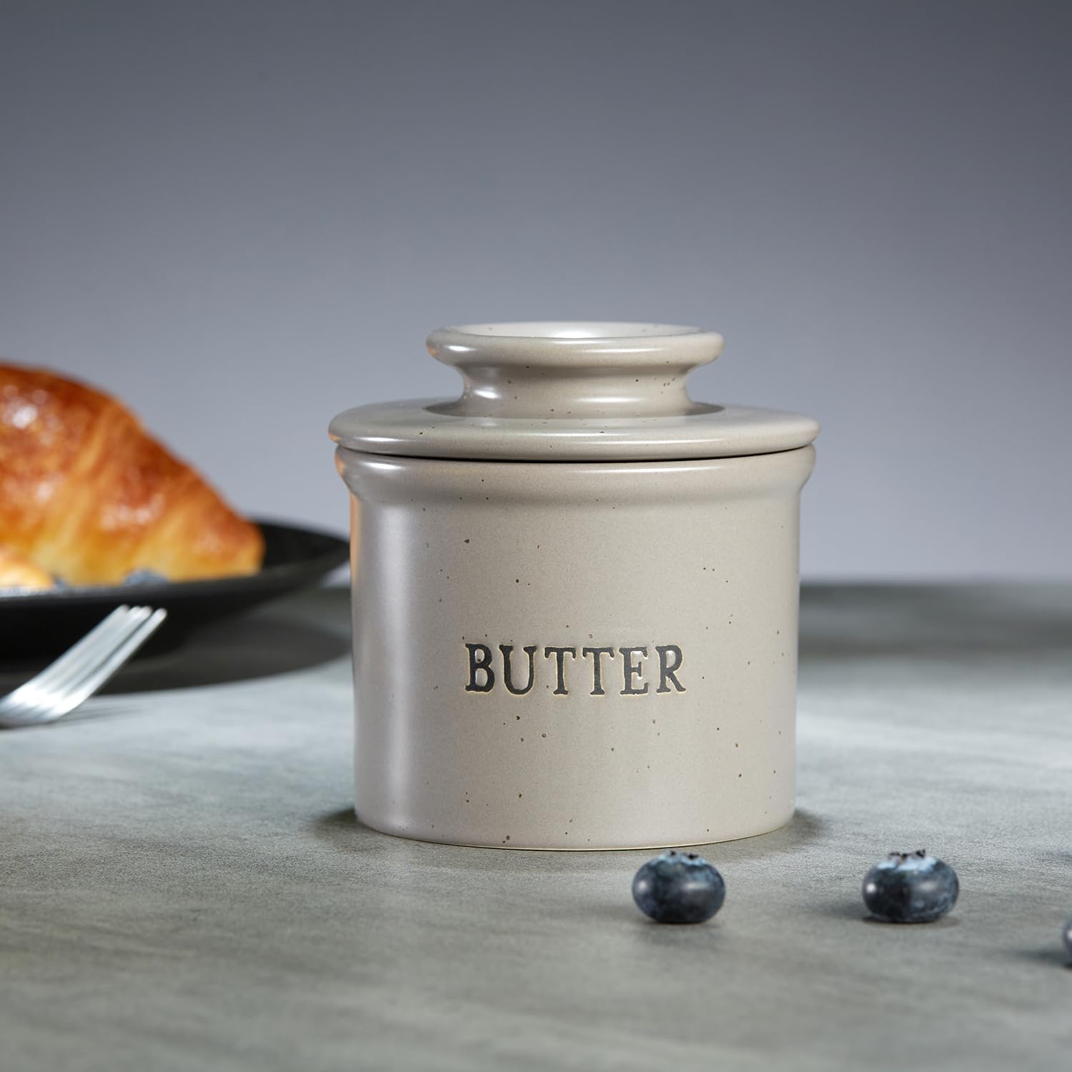 Butter Keeper Dish, French Ceramic Crock For Counter With Lid, Embossed Container, For Soft Butter