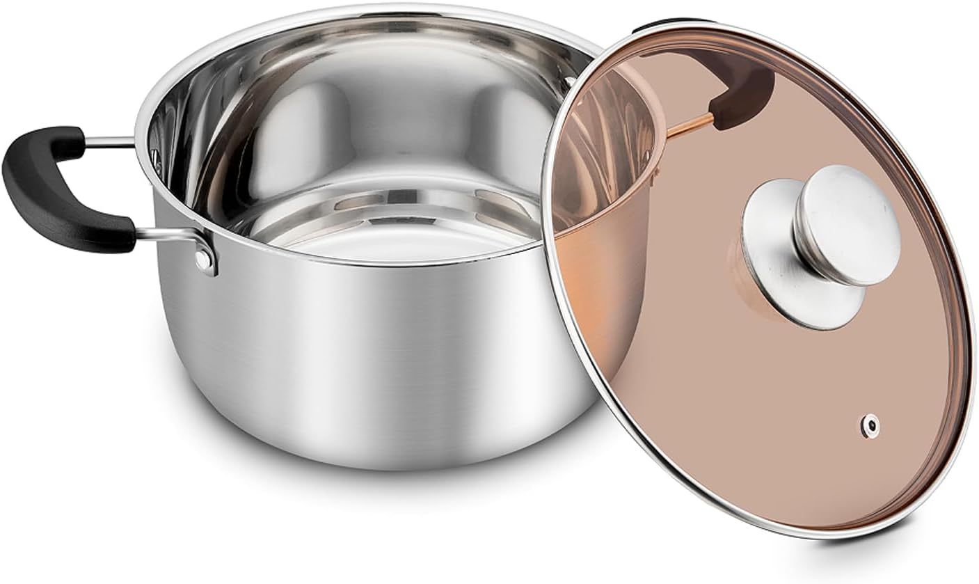 Stainless Steel Stock Soup Pasta Pot with Lid, Double Heatproof Handles, Non Toxic & Healthy, Easy Clean & Dishwasher Safe