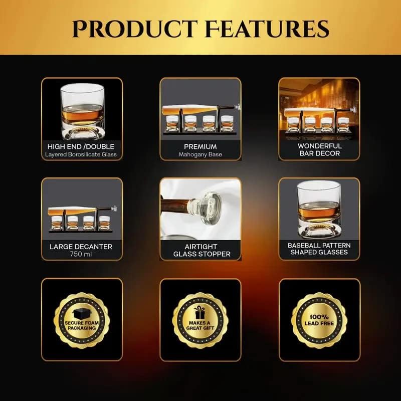 Baseball Bat Whiskey & Wine Decanter 4 Glasses, Spirits Set