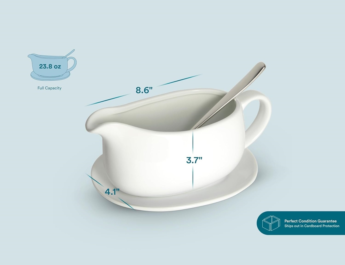 Gravy Boat & Saucer, Ceramic Serving Dish, Dispenser with Tray for Sauces, Dressings and Creamer, Large Handle, Microwave and Dishwasher Safe, White 23.8 oz (Gravy Boat with Spoon)