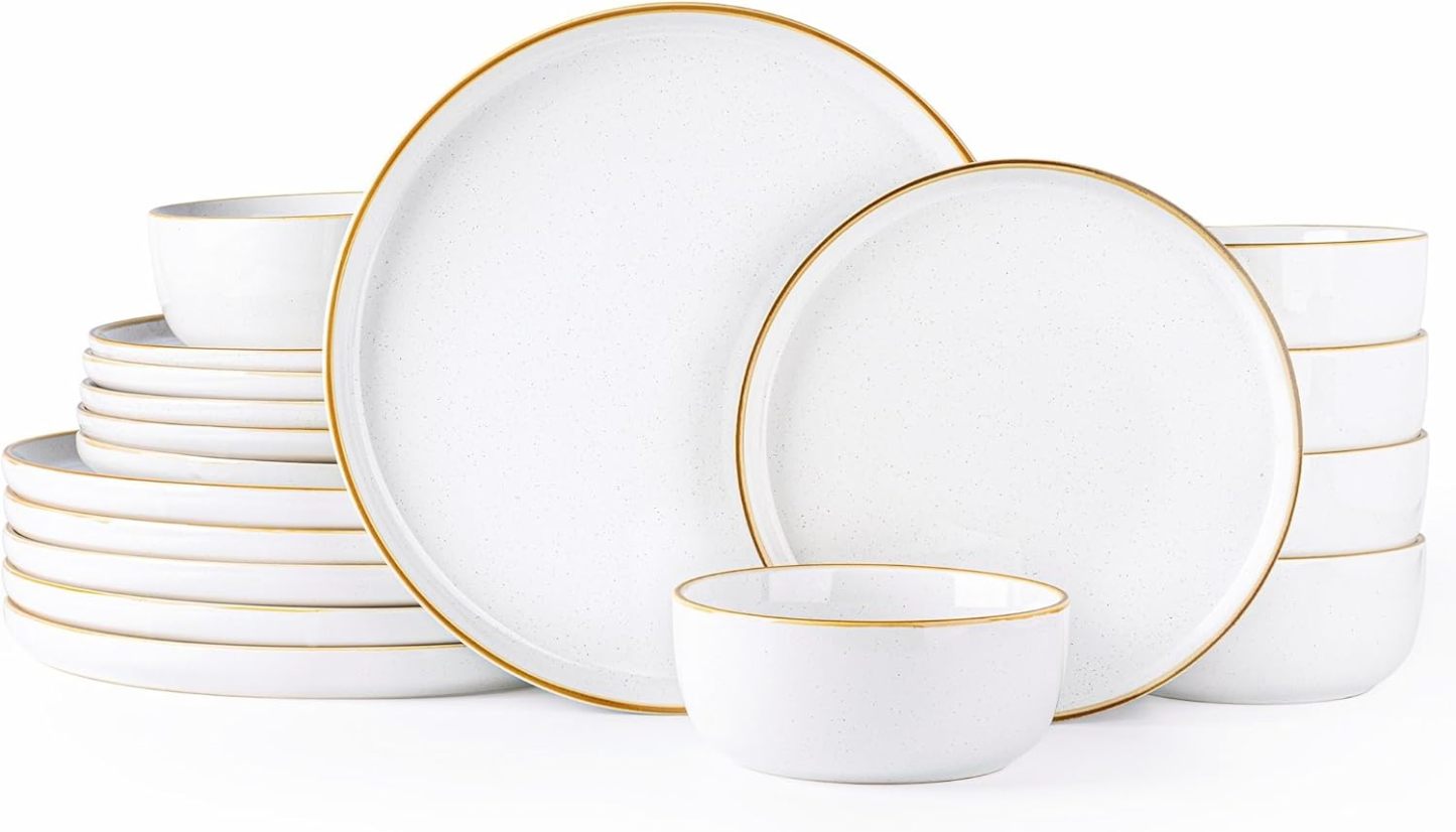 Dinnerware Set, 18 Pieces Ceramic Plates and Bowls Set, Stoneware Plates Set Handpainted, Dishwasher & Microwave Safe Dishes Set (Speckled White, Service for 6)