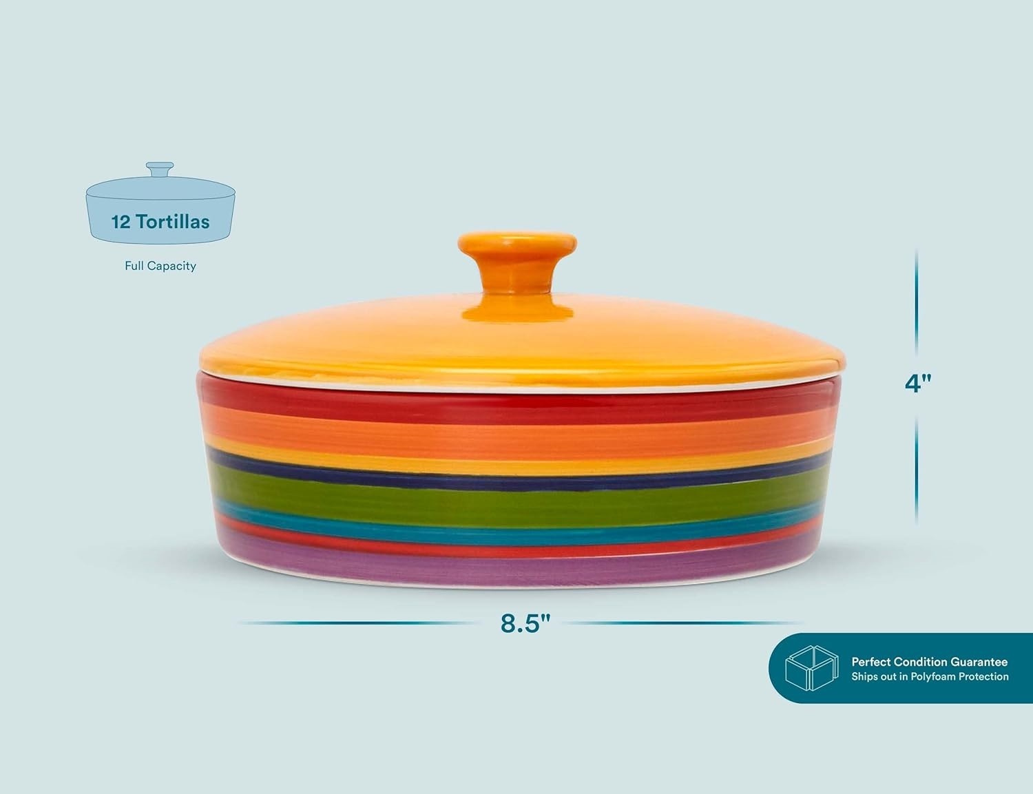 Tortilla Holder, Taco Bar, Ceramic Hand-Painted with Lid, Authentic, Microwavable Storage Container, Dishwasher Safe, 8.5 Inch, Multicolor