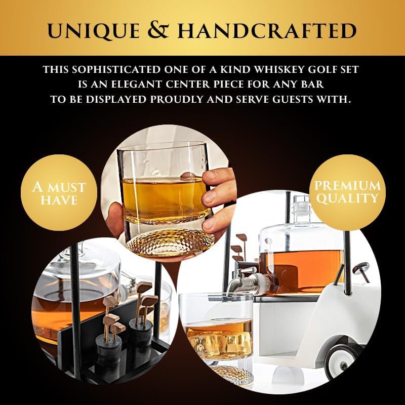 Golf Decanter Whiskey Decanter and 2 Whiskey Glasses (850ml Decanter - 8 Ounce Glasses)