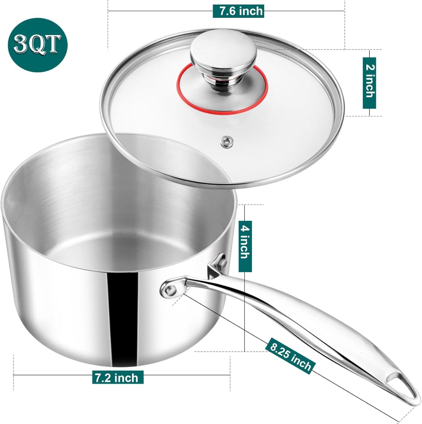 3qt Saucepan with Lid, Stainless Steel Tri-ply Pasta Sauce Milk Pan Small Cooking Pot with Ergonomic Handle, for Induction/Gas/Electric/Ceramic, Healthy & Heavy Duty, Dishwasher Safe
