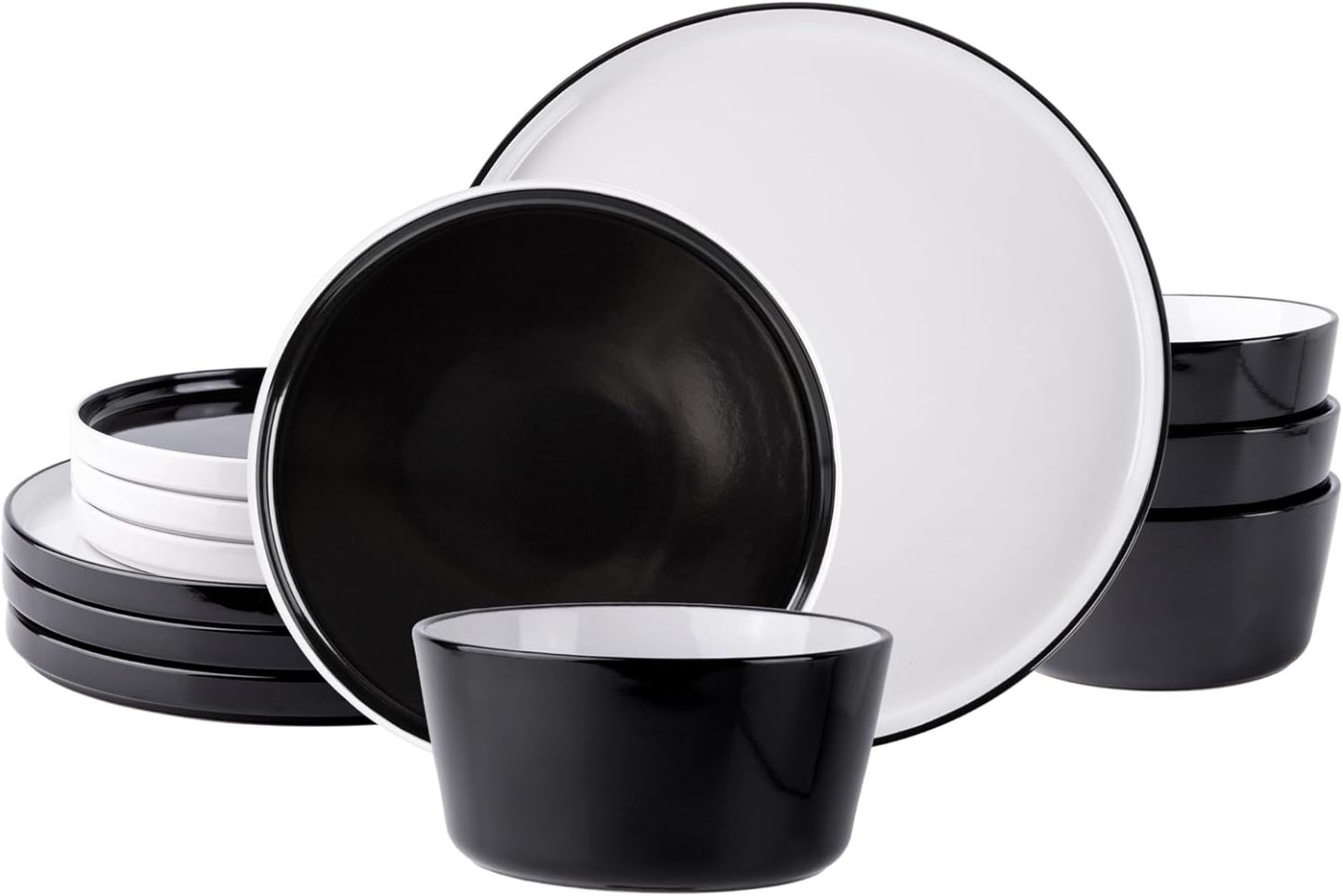 Dinnerware Sets for 4, 12 Piece Stoneware Plates and Bowls Set, Chip and Crack Resistant Plates Set, Dishwasher & Microwave Safe Ceramic Dishes Set - (Black and White, Service for 4)
