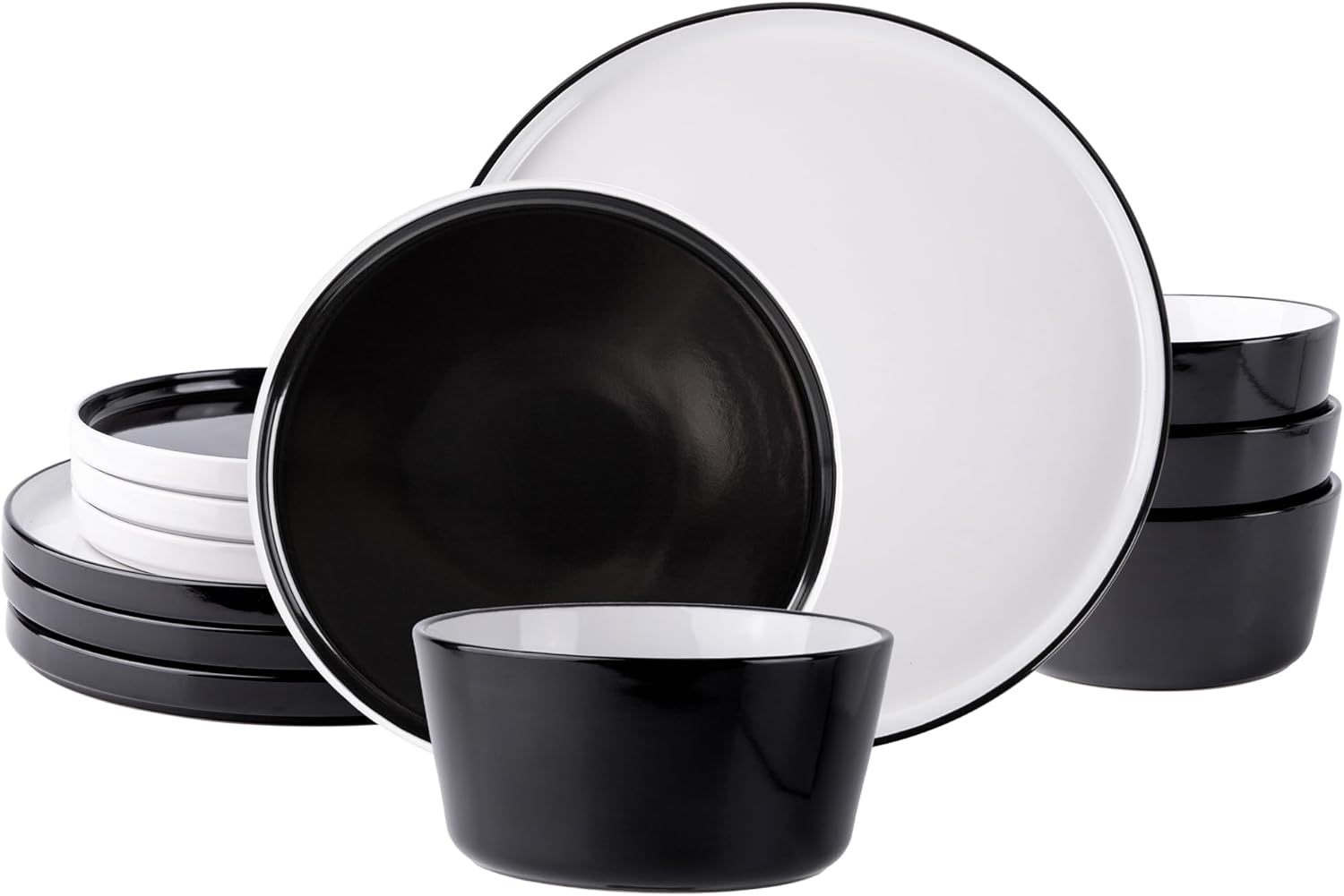 Dinnerware Sets for 4, 12 Piece Stoneware Plates and Bowls Set, Chip and Crack Resistant Plates Set, Dishwasher & Microwave Safe Ceramic Dishes Set - (Black and White, Service for 4)