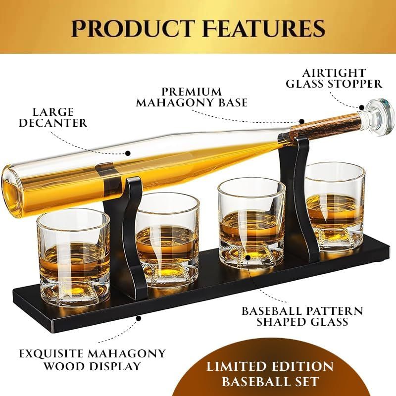 Baseball Bat Whiskey & Wine Decanter 4 Glasses, Spirits Set