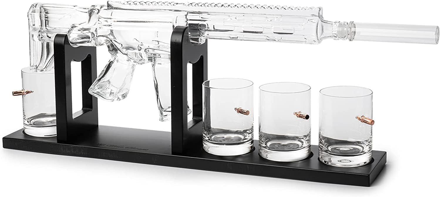 Whiskey Decanter Set - Gun AR Limited Edition, Silencer Stopper - 800 ml & 12oz Bullet Glasses