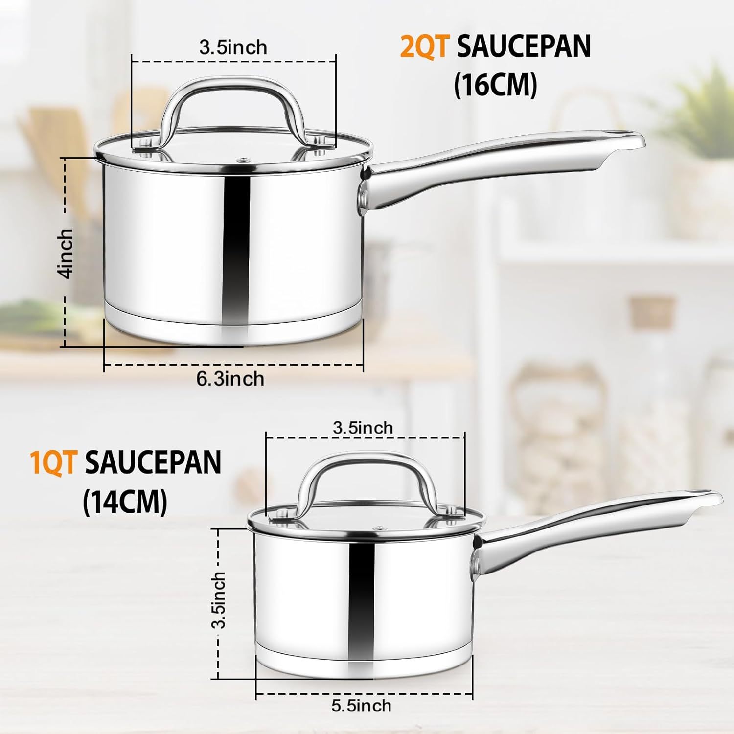Saucepan with Lid, 1QT & 2QT Stainless Steel Sauce Milk Pan with Tri-ply Bottom for Induction/Gas/Electric/Ceramic, Healthy & Heavy Duty, Mirror Finish & Straight Side, Dishwasher Safe