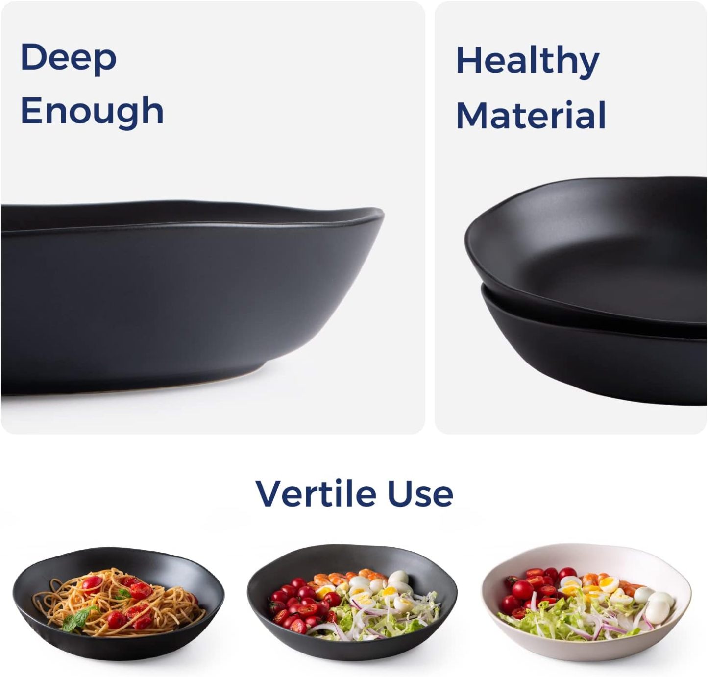 9.75'' Ceramic Large Pasta Bowls, 38oz Stoneware Flat Serving Bowls Set of 4, Oven,Microwave&Dishwasher Safe Bowls with Wavy Rim for Fruit Pasta Salad Meal, Matte Black