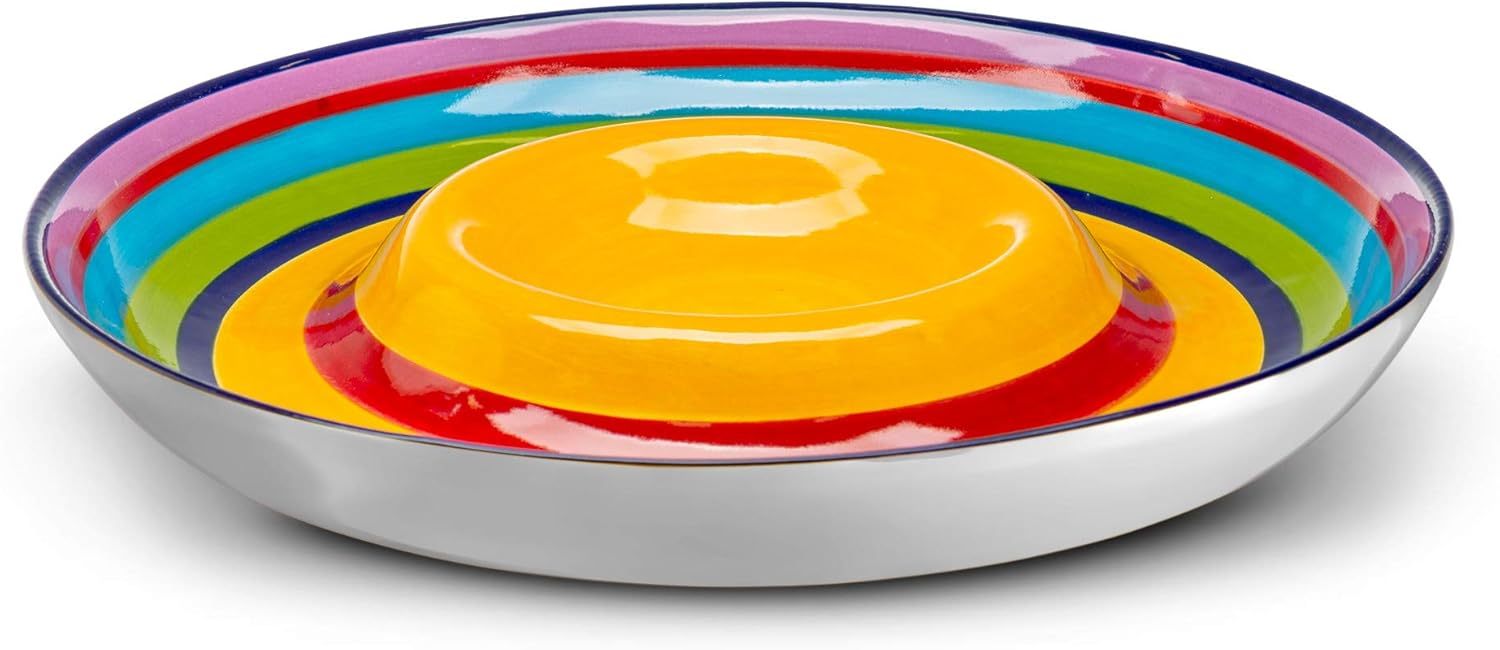 Ceramic Chip & Dip Platter, Large Divided Serving Dish for Parties, Round Tray for Snacks and Appetizers, with Bowl for Dips, Dishwasher Safe, Hand-painted, Multicolor, Tinga Collection, 13 Inch