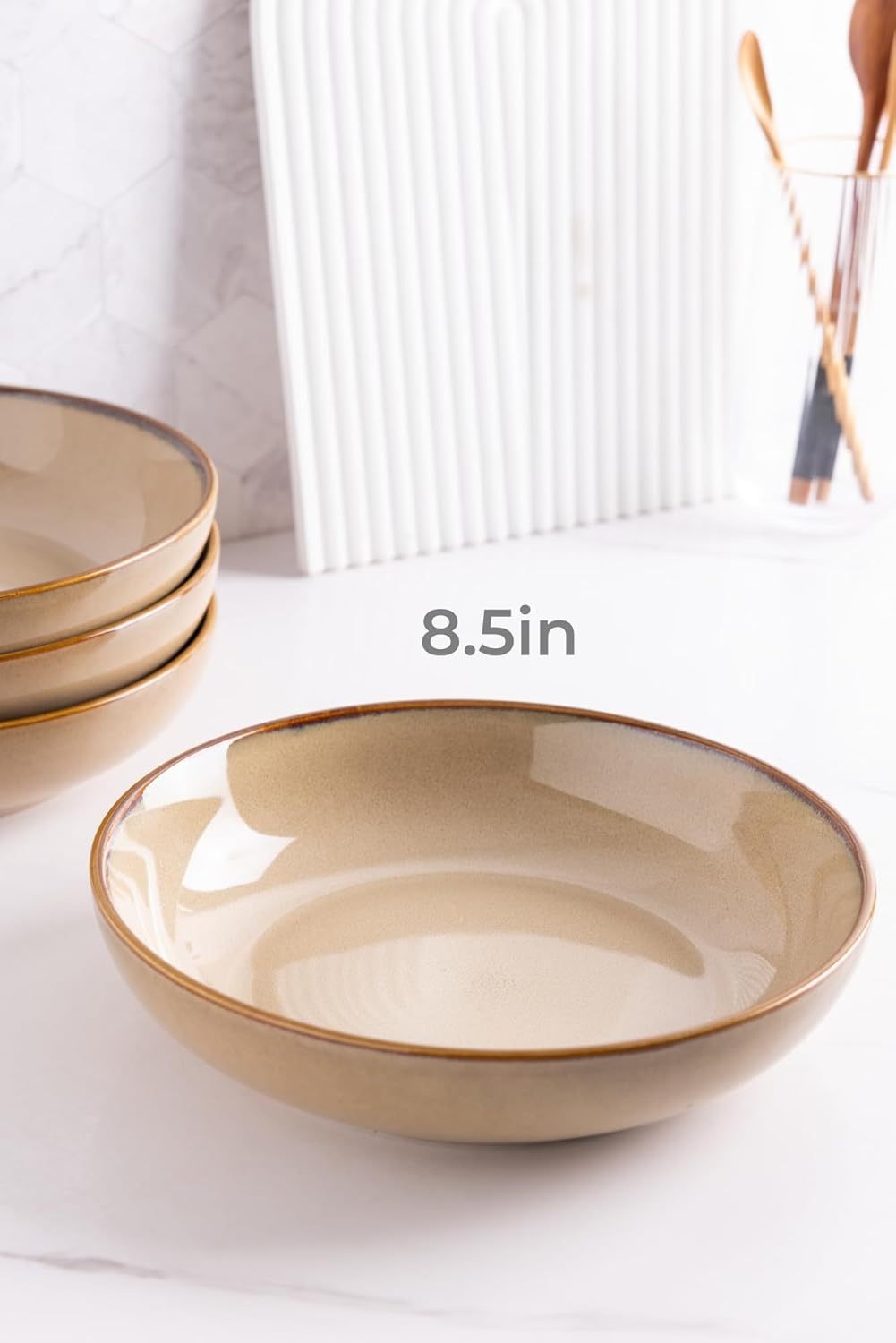 8.5'' Large Pasta Bowls, 36oz Ceramic Pasta Serving Bowls Set of 4 for Kitchen, Wide Bowls for Pasta,Salad,Oatmeal, Microwave Safe, Reactive Glaze-Latte