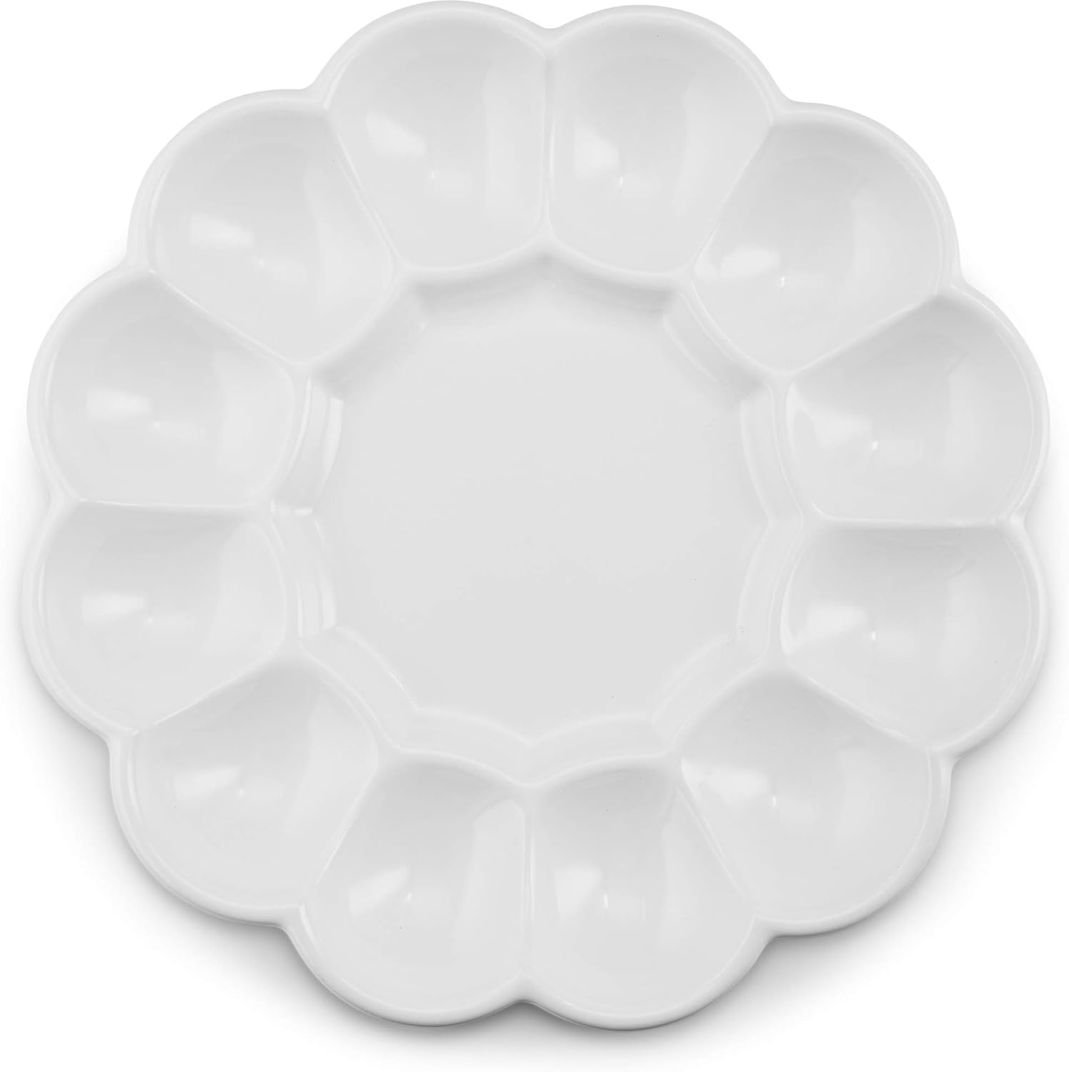Deviled Egg Platter Tray, Ceramic Easter Egg Holder, Holds 12 Eggs, Ceramic Dish, Display Holder, Dishwasher Safe, Microwave Safe, freezer Safe, Sleek, 10 Inch Diameter, White