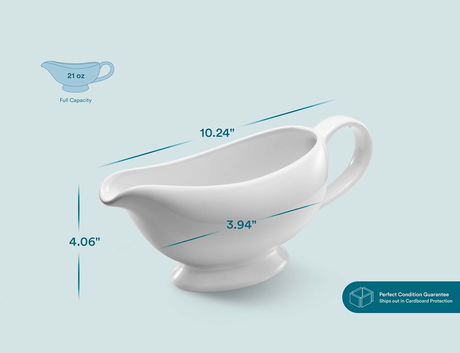 Ceramic Gravy Boat, Serving Dispenser, Porcelain Pitcher for Sauces, Dressings and Creamer, Large Handle, Microwave and Dishwasher Safe, 21 oz, White