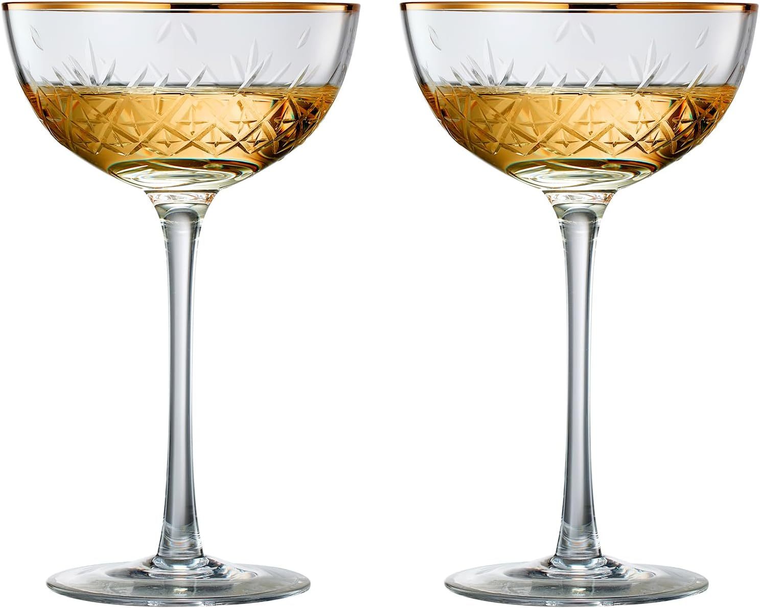 Vintage Art Deco Luxury Coupe Glasses, Cocktails, Martini, Margarita, In Premium Gift Box 24K Gold Rim | Set of 2