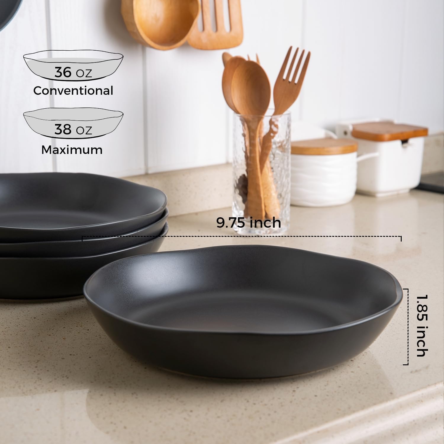 9.75'' Ceramic Large Pasta Bowls, 38oz Stoneware Flat Serving Bowls Set of 4, Oven,Microwave&Dishwasher Safe Bowls with Wavy Rim for Fruit Pasta Salad Meal, Matte Black