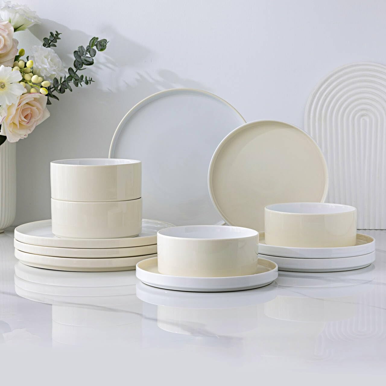 Ceramic Dinnerware Sets for 4, Modern Stoneware Plates and Bowls Sets,Chip and Crack Resistant | Dishwasher & Microwave Safe Ceramic Dishes Set,Service for 4 (12pc)-White&Beige