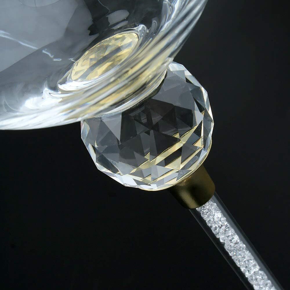 Diamond Studded Wine Glasses 16 Ounces - Set of 2 -Long Stem10-inches Tall, Gold and Laser Cut Sparkling Wine Wedding Glasses