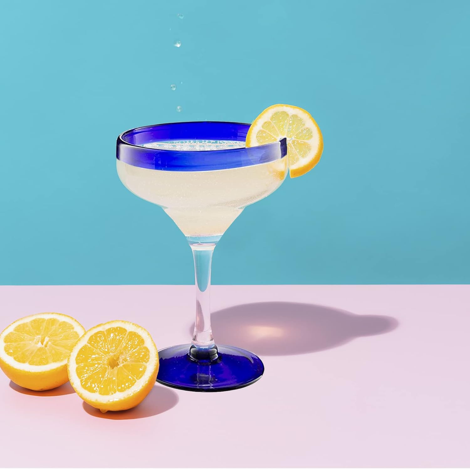 Set of 4 Large 16oz, Cobalt Blue Rim Line, Luxury Margarita & Cocktail Glasses, Mexico Design Large 16oz