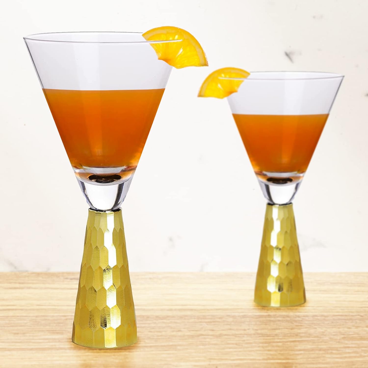 Set of 2 Funnell Shaped Cocktail Martini Glasses 8oz Elegant Gold Martini Glasses