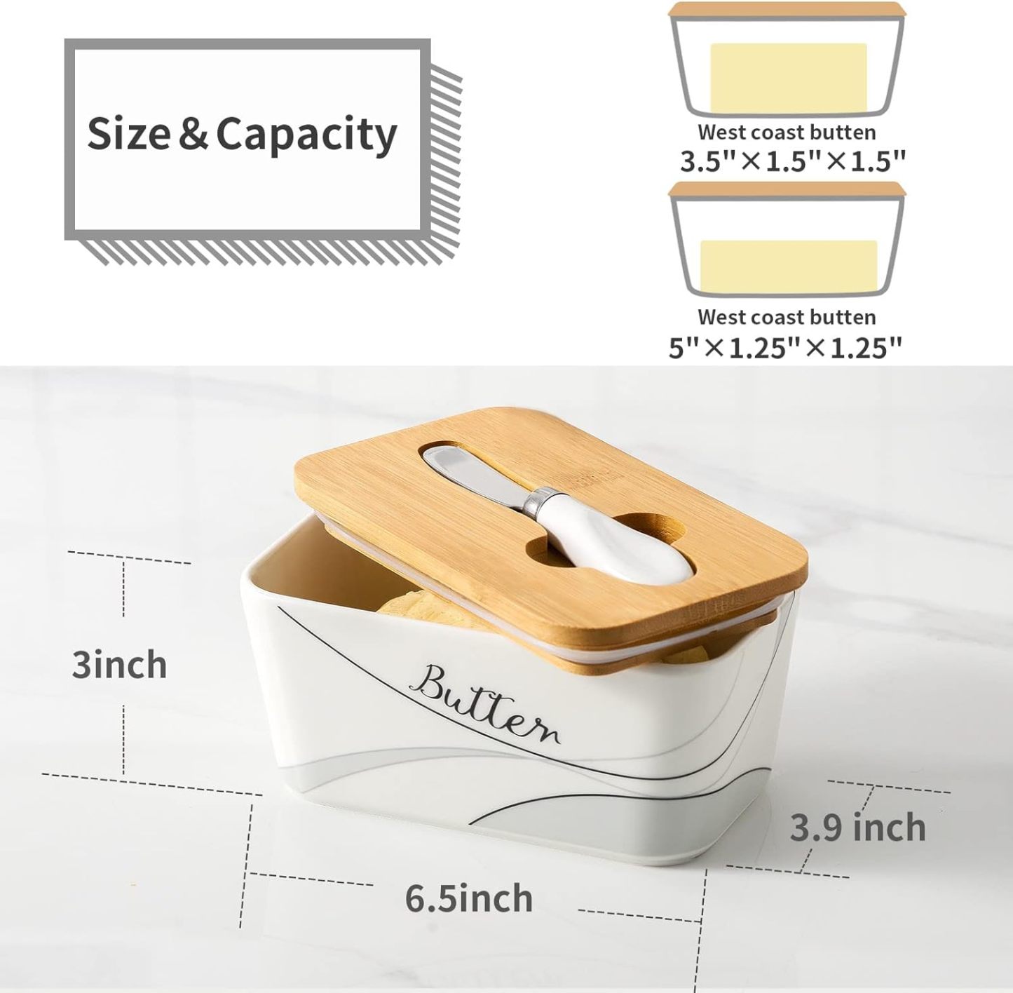 Covered Butter Dish with Lid for Countertop and Refrigerator, Large Ceramic Airtight Butter Holder Keeper Container