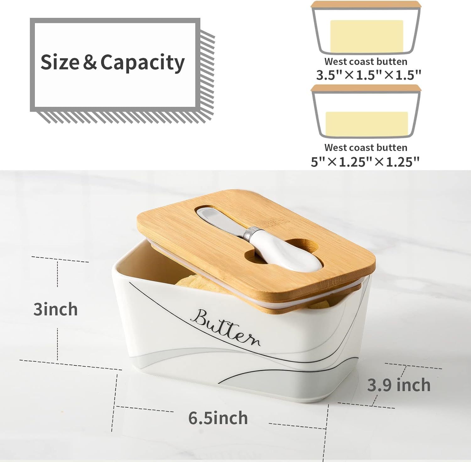 Covered Butter Dish with Lid for Countertop and Refrigerator, Large Ceramic Airtight Butter Holder Keeper Container