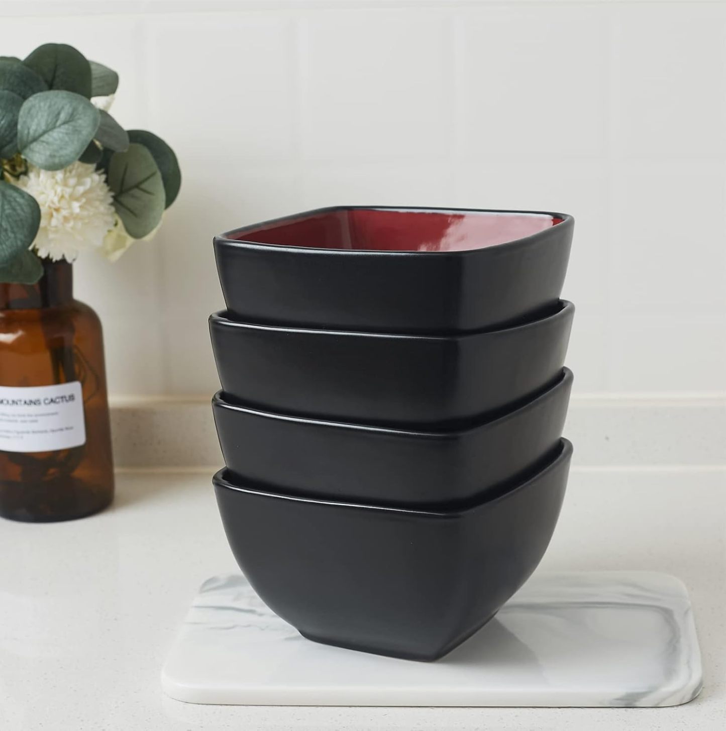 32oz Square Cereal Soup Bowls, Stoneware Bowls Set of 4 for Kitchen, Large Bowls for Cereal,Soup,Salad,Meal, Microwave & Dishwasher Safe-Colorful Inside