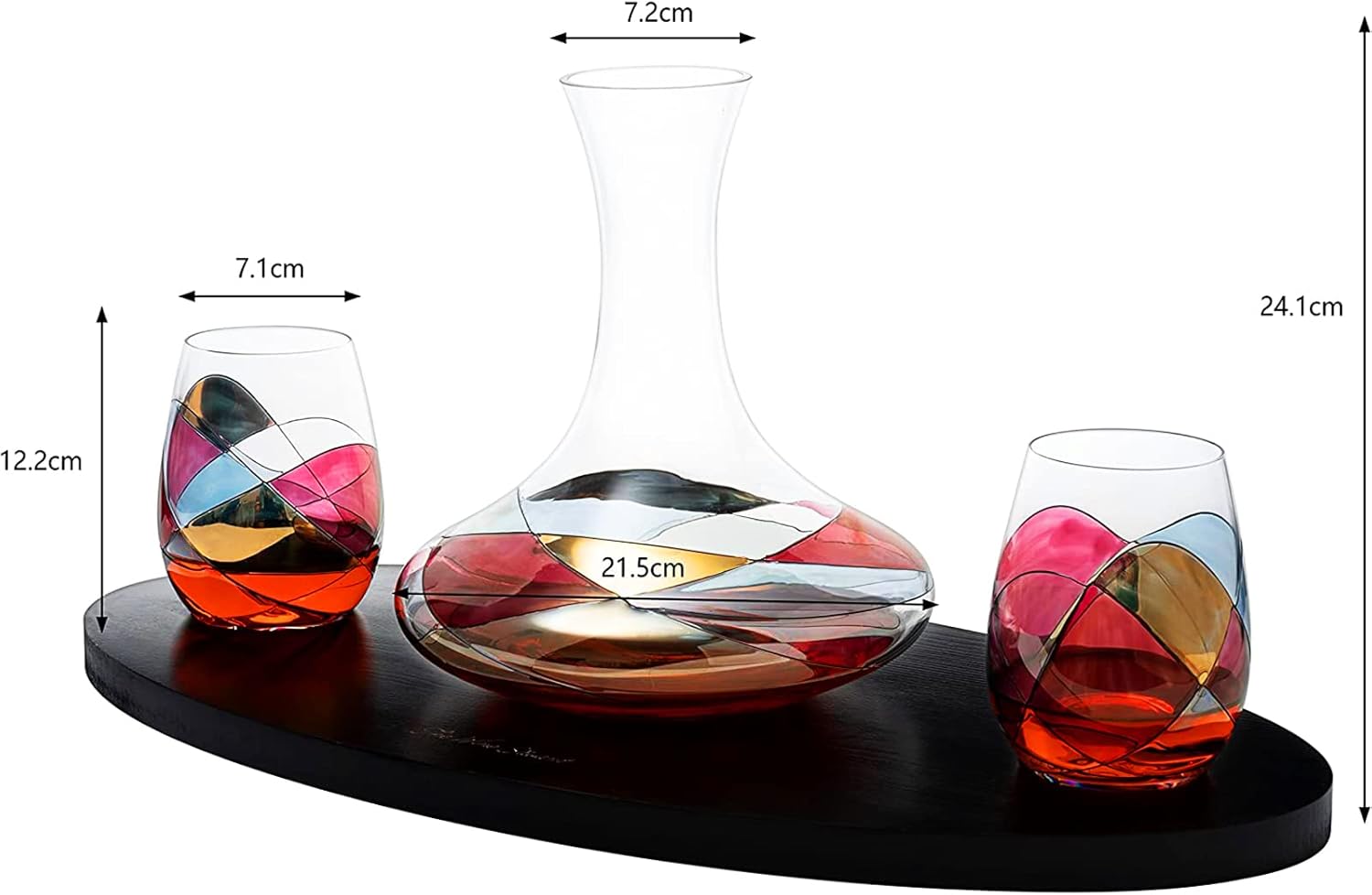 Artisanal Hand Painted Decanter & Stemless Wine Glasses Set - Renaissance Romantic Stain-glassed Windows, 2 Set