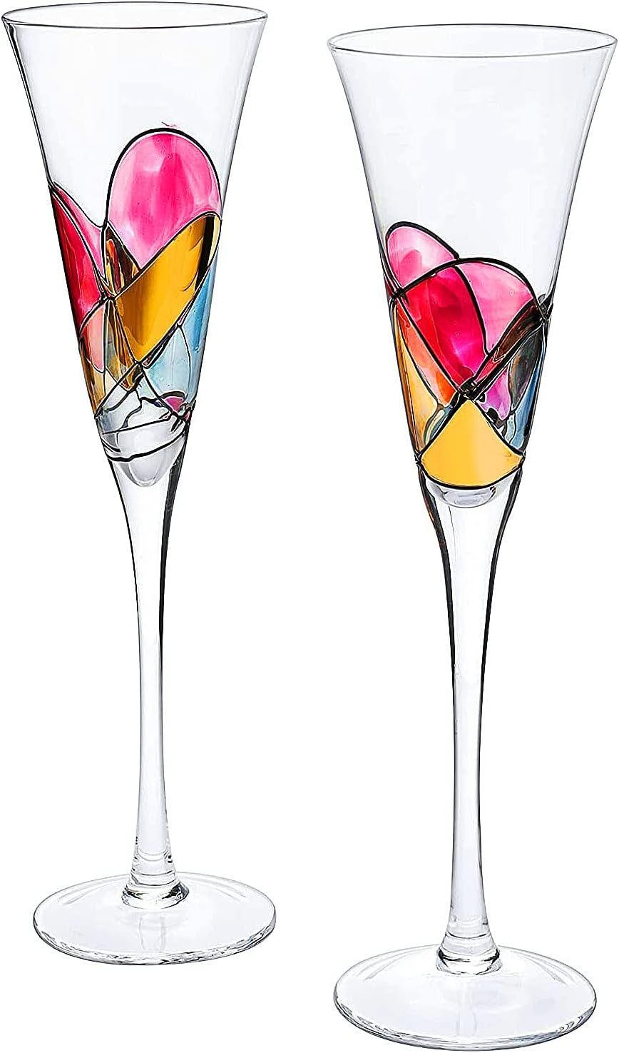 Artisanal Hand Painted Martini, Champagne & Cocktail Glasses, Renaissance Romantic Stain-glassed Windows Gifts, 2 Set - Flutes
