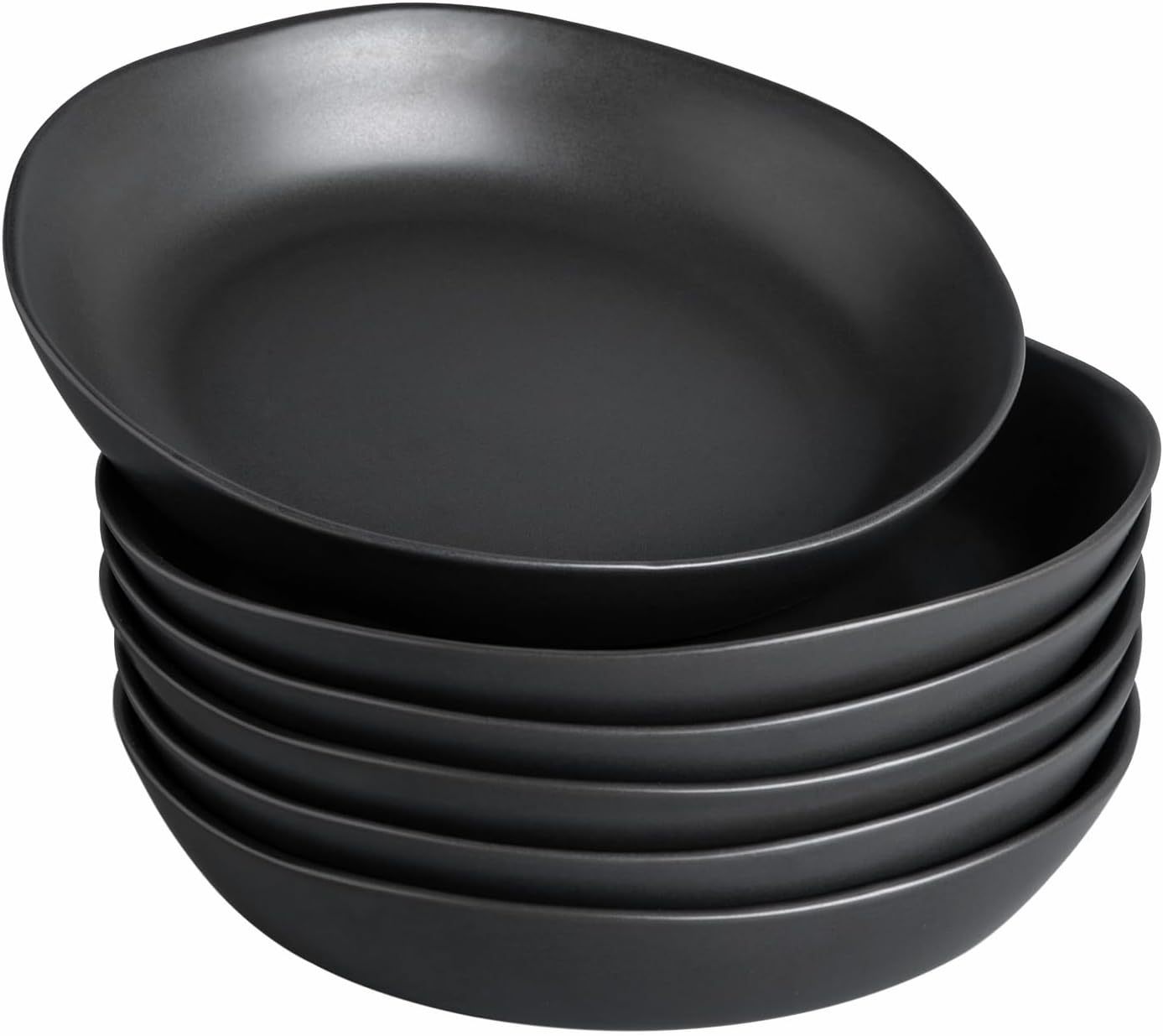 9.75'' Large Ceramic Pasta Bowls, 38oz Stoneware Wide Serving Bowls Set of 6 for Kitchen, Oven, Microwave&Dishwasher Safe Bowls with Wavy Rim for Fruit Pasta Salad Meal, Matte Black