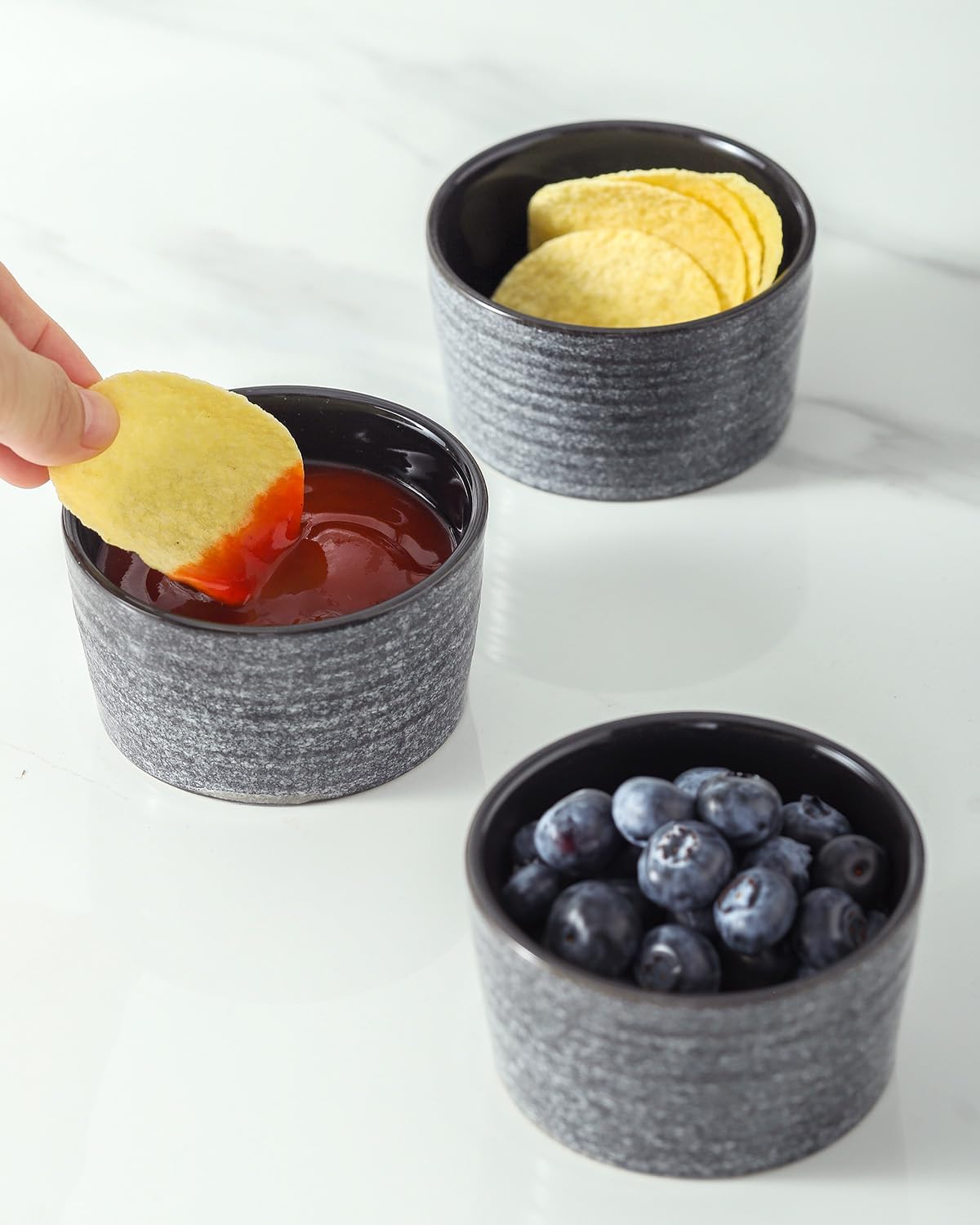 6 oz Ramekins for Baking,Ceramic Souffle Dish Oven Safe Set of 6,Porcelain Dipping Sauce Bowls for Pudding, Creme Brulee, Souffle, Serving Dip, Custard, Ice Cream, Grey